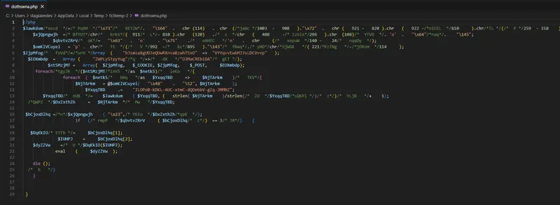 Exemple de code obfusqué détecté dans un fichier PHP infecté