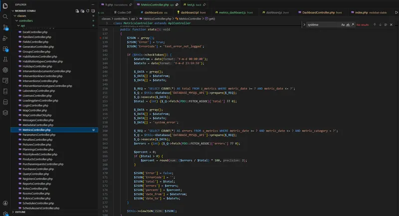 Extrait du controller MetricsController.php